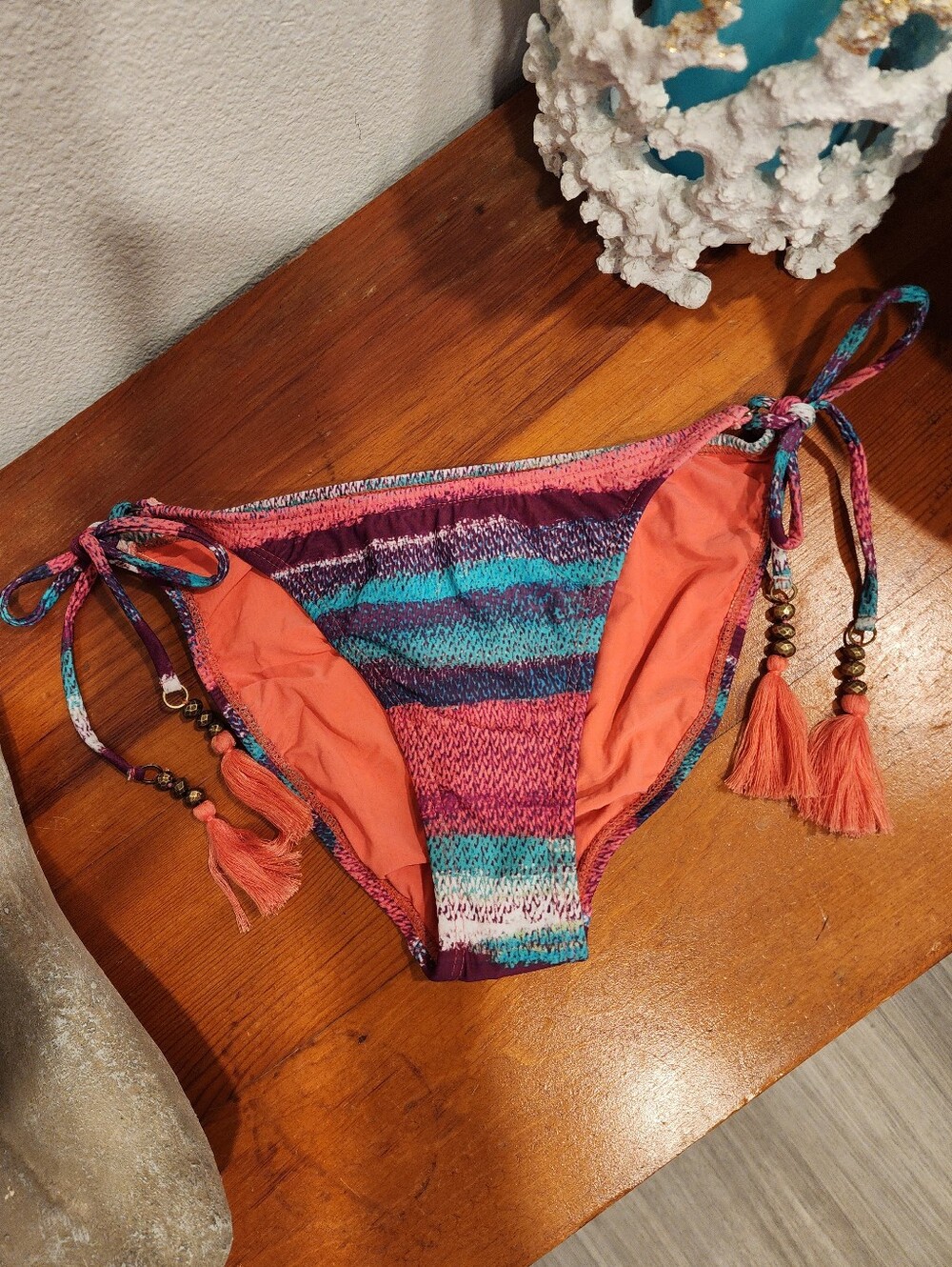NEW! SOFIA by ViX Multicolor & Coral Boho Side-Tie Bikini Bottom SZ Large